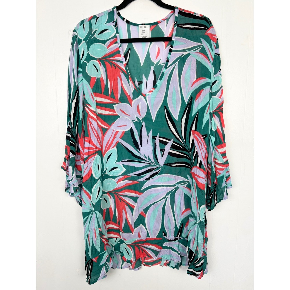 Anne Cole Teal Green Tropical Leaf V-Neck Swim Coverup